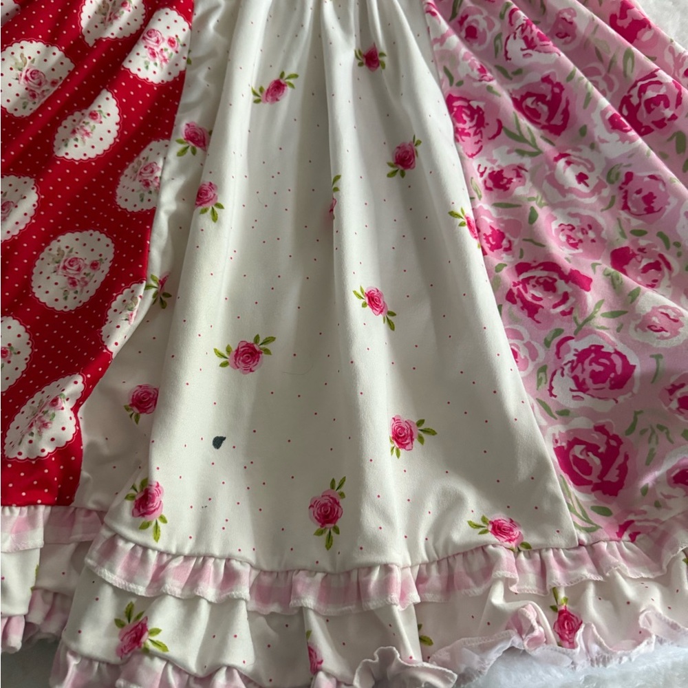 Boutique White Pink Red Roses Flowers Dots Gingham Ruffles Girls Dress 14/16 - Picture 6 of 9